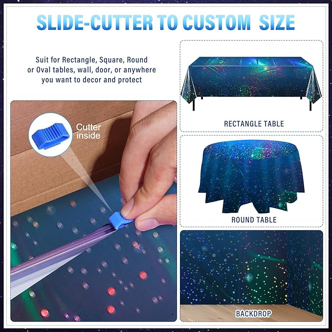 100Feet X 54 Inch Roll Iridescent Space Tablecloths Disposable Plastic Blue Galaxy Table Cloth Rectangle Roll Table Covers for Space Starry Night Star Theme Party Birthday Party Decorations
