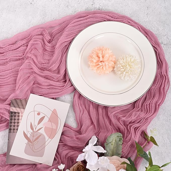 12 Pack Dusty Rose Cheesecloth Table Runner 120 inch Fall Thanksgiving Boho Rustic Gauze Farmhouse 10FT Cheese Cloth Runner for Baby Shower Wedding Party Holiday Home Decor