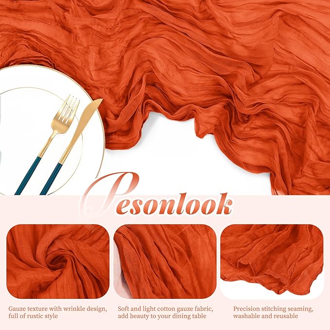 Pesonlook 12 Pack Orange Cheesecloth Table Runner, 10FT Cheesecloth Rustic Boho Table Runner Long Romantic Semi Sheer Table Runner for Wedding Birthday Bridal Shower Party Decorations(21.5×120 Inch)