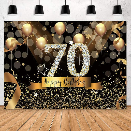 Sensfun 8X6ft Happy 70th Birthday Party Photography Backdrop Glitter Black and Gold Balloons Background for Adult Fabulous 70 Bday Party Decorations Shining Diamond 70th Birthday Photo Booth Banner