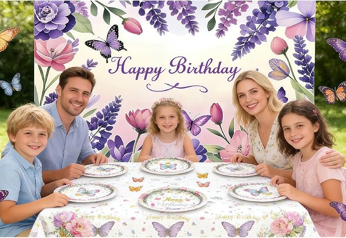 Butterfly Themed Happy Birthday Party Decorations, Plates Napkins Cups Tableware, Colorful Butterflies Backdrop Tablecloth, Happy Birthday Banner Cake Topper Colorful Printed Balloons for Kids Adults
