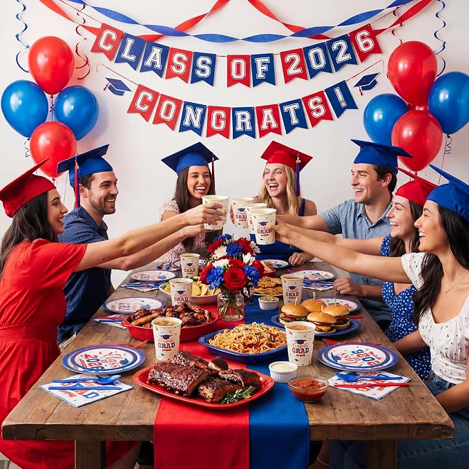 Funnymoom 400 Pcs Graduation Party Supplies Class of 2026 Graduation Paper Plate Napkin Cup Cutlery Congrats Grad Disposable Tableware Set for Grad Party Decorations, Serve 50 (Blue, Red)