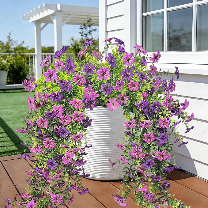 4 Pcs Artificial Hanging Flowers for Outdoor Indoor, UV Resistant Silk Daisy Fake Flowers, Realistic Faux Trailing Vines for Spring Garden Planter Porch Patio Window Box Decor(Double Purple)
