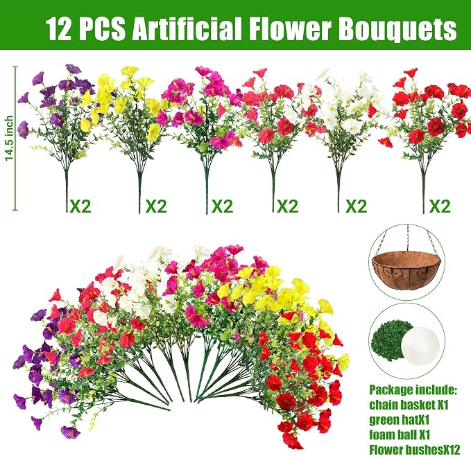 Artificial Flowers for Outdoors with Baskets Hanging Plant Faux Flowers UV Resistant Fake Silk Morning Glory with Eucalyptus for Planter Porch Garden Home Spring Summer Decoration(Mixed 6 colors)