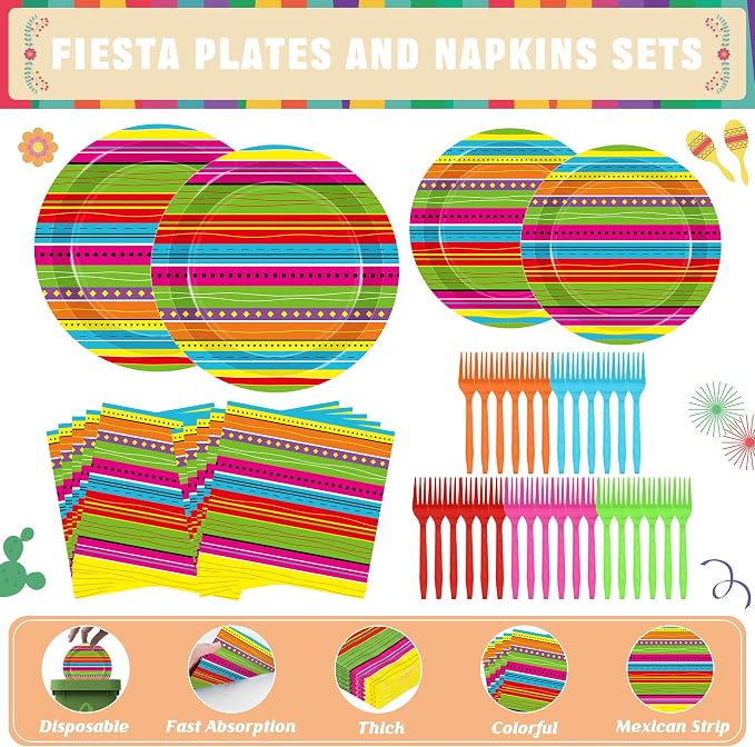122 Pcs Cinco De Mayo Napkins and Plates, Disposable Dinnerware Fiesta Paper Plates and Napkins Sets for 30 Guests, Colorful Plastic Fork Mexican Stripes Tablecloth for Taco Birthday Party Favors