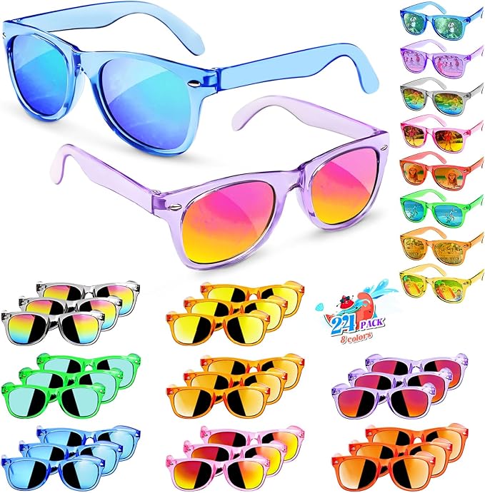 GKTZ Kids Sunglasses Party Favors - Boys Girls Age 3-8 Birthday Goodie Bags Stuffers, Neon Sunglasses Bulk with UV 400 Protection for Kids Classroom Favors - 24 Packs