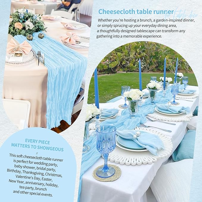 18 Pack Cheesecloth Table Runner 10FT Baby Blue Table Runner Light Blue Boho Gauze Cheese Cloth Table Runners Long Rustic Sheer Table Decorations for Wedding Party Baby Bridal Shower Birthday Holiday