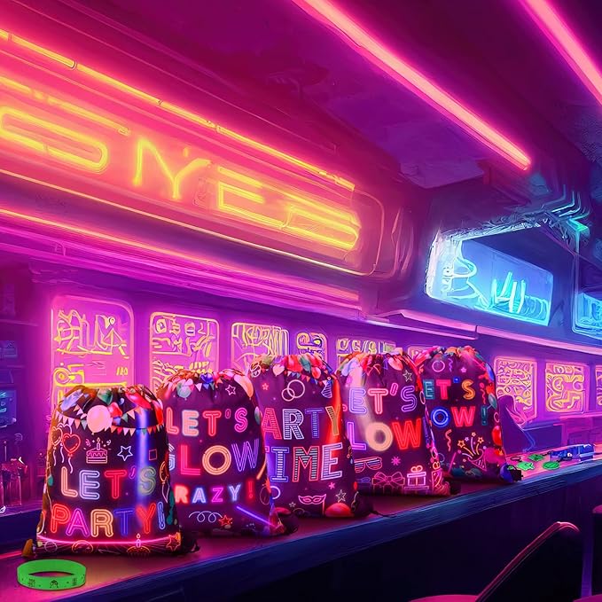 Talltalk 48 Pcs Glow in Dark Party Favor Bulk Neon Party Birthday Decoration Set Toys 16 Let's Glow Drawstring Backpack Goodie Bag Snack Treat Bag 16 Bracelet 16 Light Keychain for Neon Supplies Decor