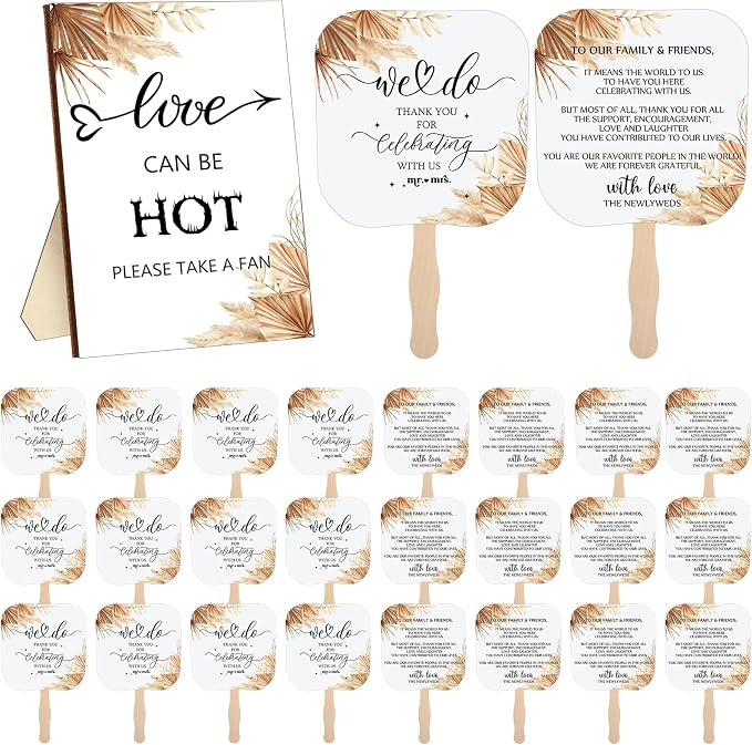 Fumete Wedding Favors for Guests 50 Pcs Wedding Fans and 1 Pc Table Sign Portable Paper Fan with Wooden Handle Hand Fan for Bridal Shower Party Favor Appreciation Gift(Boho)