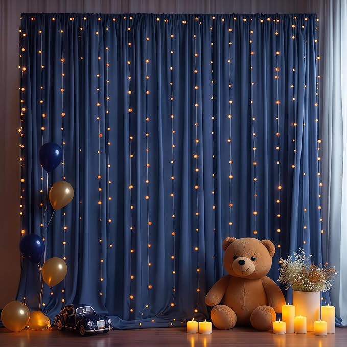 20x10FT Navy Blue Backdrop Curtains with Lights for Parties,Wrinkle Free Wedding Photo Backdrop Curtains for Baby Shower Birthday Ceremony Reception Home Party Decorations-5ft x 10ft,4 Panels