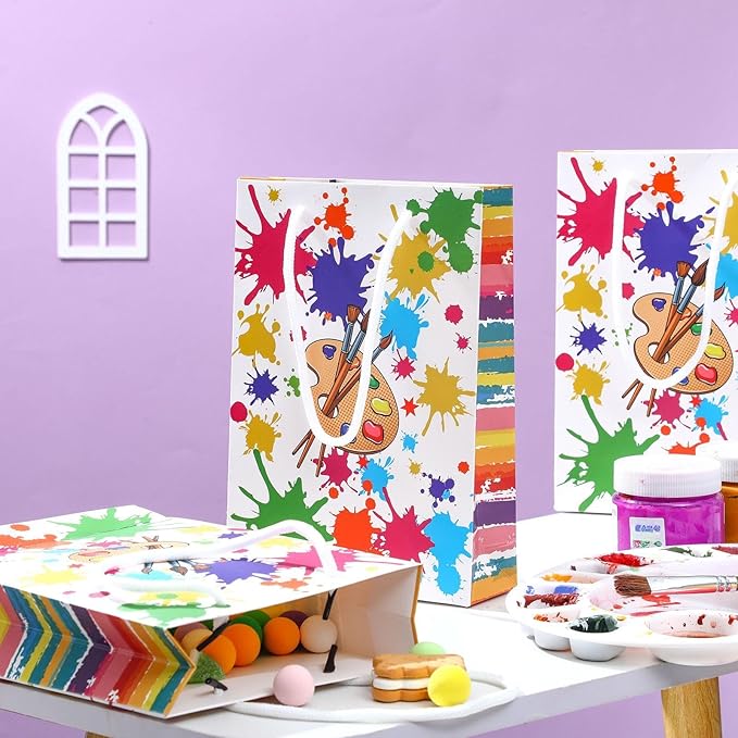 Pajean 36 Pieces Paint Splatter Party Bags with Handle Art Painting Candy Treat Goodie Gift Tote Bags Party Goodies Pouches for Birthday Baby Shower Decorations Gift Wrapping Supplies (Bright Style)