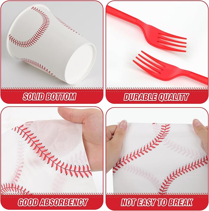 400 Pcs Disposable Baseball Party Tableware Set for 50 Guests | Heavy-Duty 7" & 9" Paper Plates, Cups, 13" Napkins & Plastic Cutlery for Game Day and Birthday Party Supplies