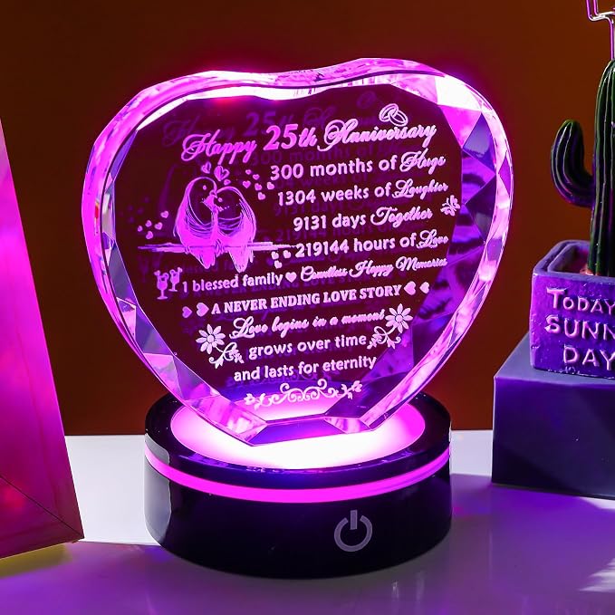 YWHL 25th Wedding Anniversary Crystal Heart Gifts for Couple Parents, Romantic 25 Year Anniversary Crystal Keepsake Gifts for Wife Husband with LED Base, 25 Years of Marriage Gifts for Her Him