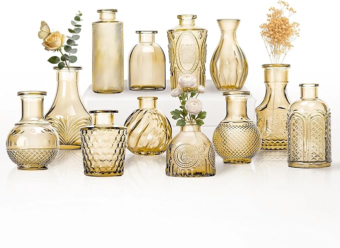 Mini Bud Vases As Wedding Centerpieces for Tables,Clear Bud Vases for Flowers,Small Flower Vases Suitable for Birthday Party,Anniversary,Wedding Reception,Baby Shower (Gold, 12PCS)