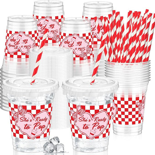 FoldTier 50 Sets Dirty Soda Bar Supplies She's ready to Pop Cups with Lids and Straws 12oz Clear Disposable Plastic Cups with Lids, Red Party Cup for Baby Shower Gender Reveal Party Popcorn Cold Drink