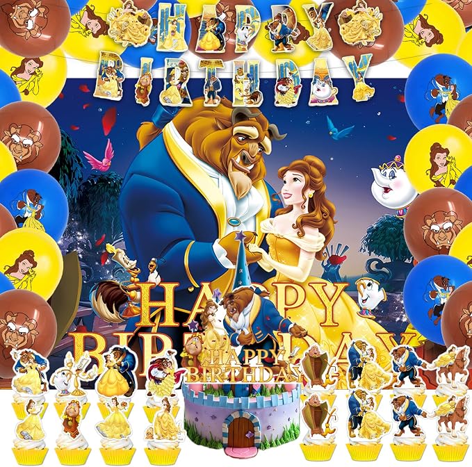 42Pack Beauty and the Beast Party Supplies Kit Set Include Banner ,Cake Topper ,Backdrop ,Balloons for Beauty and the Beast Birthday Party Decorations