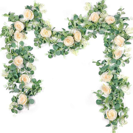 Der Rose 2 Pcs 13FT Artificial Floral Garland, Flower Eucalyptus Spring Garland with Champagne Rose, Faux Flower Vine for Wedding Decor Arch Backdrop & Table Decor