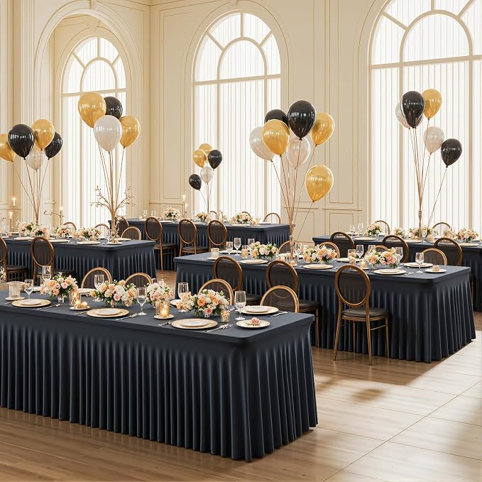 Suppromo 8ft Black Spandex Tablecloths for Rectangle Tables Wrinkle Free Black Table Cloth Rectangle Stretch Fitted Table Cover with Skirt for Wedding Birthday Party Banquet Baby Shower Buffet Event