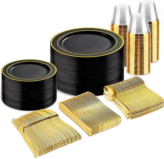 bUCLA 300PCS Black and Gold Disposable Dinnerware Set - 50 Guests Black Plastic Plates with Gold Rim Include 50 Dinner / 50 Dessert Plates, 50 Forks,50 Knives,50 Spoons&50 Cups for Party&Graduation