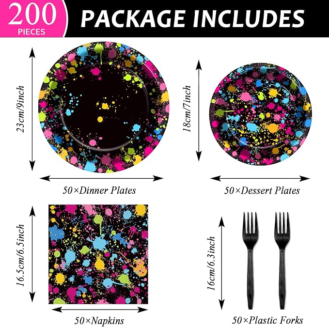 50 Guests Neon Party Supplies Glow Party Plates Napkins Tableware Neon Glow Paper Disposable Birthday Colorful Graffiti Party Decoration Favor, 200 Pieces