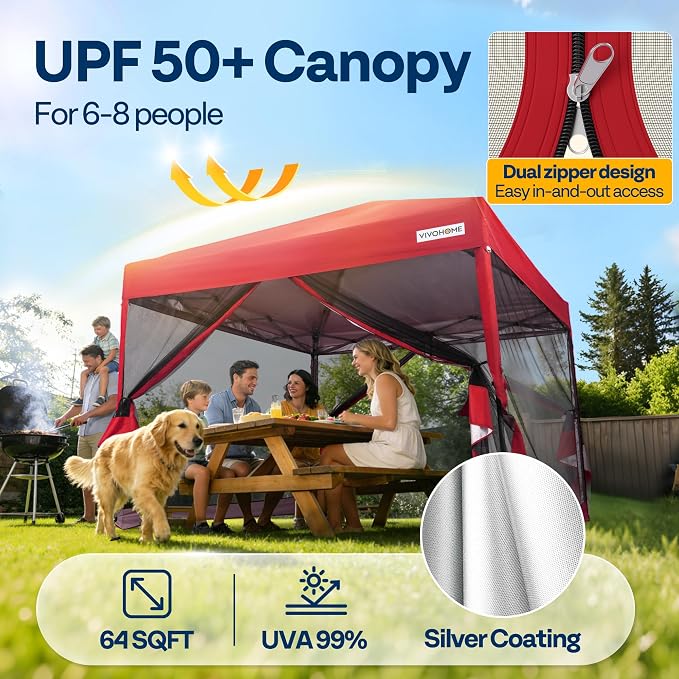 VIVOHOME 8x8ft Easy Pop-Up Canopy, Outdoor Screen Tent with Mosquito Netting, 2 Zipper Doors, and Roller Bag for Yard Camping Picnic Party Events, Red