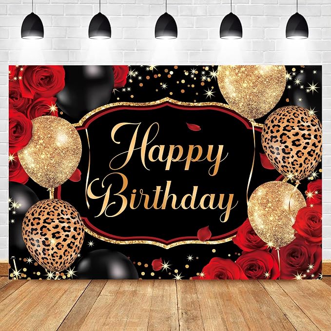 Black Gold Happy Birthday Backdrop Polyester Fabric 7Wx5H Feet Red Rose Leopard Balloons Party Banner 30th 40th 50th Event Abstract Celebration Photography Backgrounds Photo Shoot Props