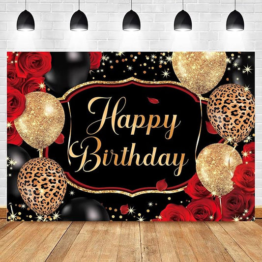 Black Gold Happy Birthday Backdrop Polyester Fabric 7Wx5H Feet Red Rose Leopard Balloons Party Banner 30th 40th 50th Event Abstract Celebration Photography Backgrounds Photo Shoot Props