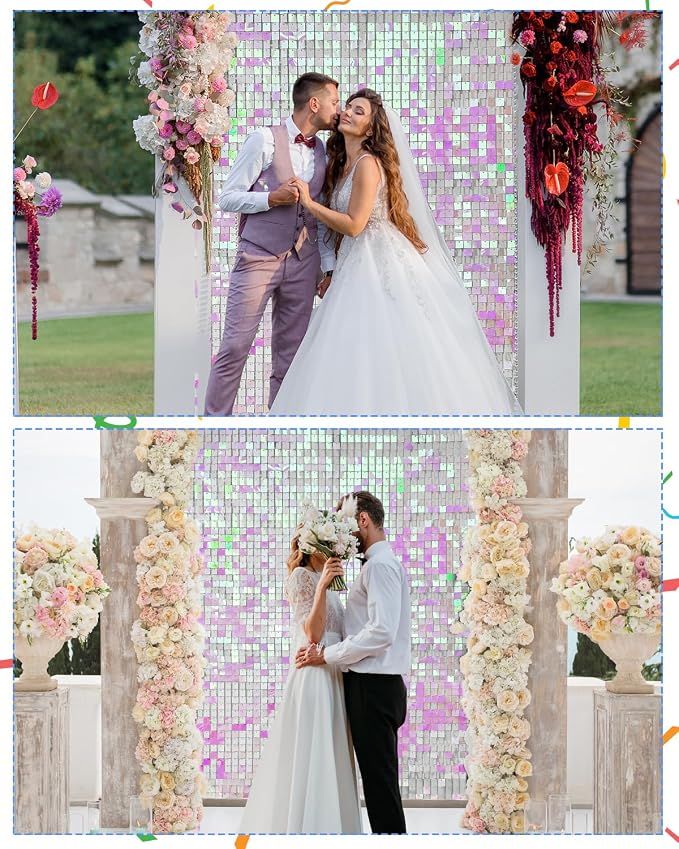 12 Pcs Iridescent Pink Shimmer Wall Backdrop Panels for Party, Mjkeomo 3 FT x 4 FT Iridescent Pink Sequin Backdrop for Birthday Graduation Anniversary Wedding Home Party Decorations