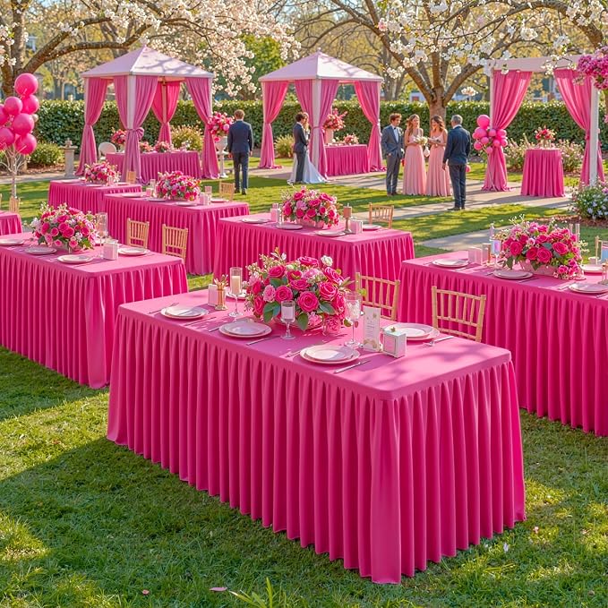 Red Polyester Table Cloths for Rectangle 4 Foot Tables, 2 Pack Wrinkle Free Tablecloths Stretchy Banquet Ruffle Fitted Table Cover Desk Skirt for Parties Wedding Birthday Baby Shower