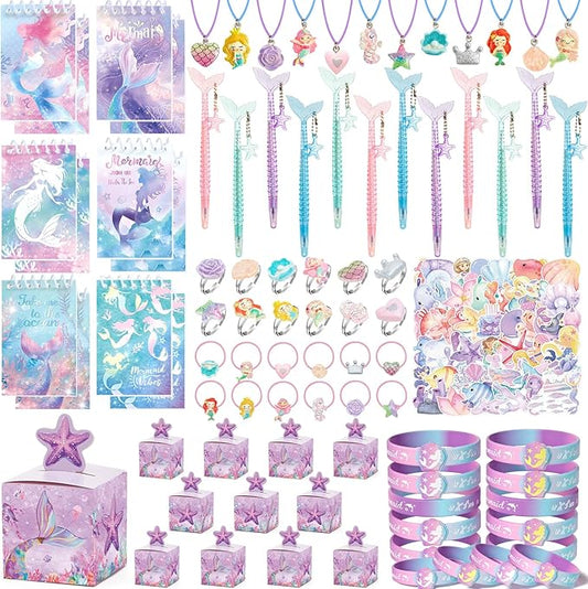 SNLN Mermaid Party Favors Birthday Supplies for Girl - Gift Boxes Notebooks Fishtail Pen Silicone Bracelet Necklaces Rings Hair Ties Stickers Mermaid Birthday Party Favors Goodie Bags Stuffers