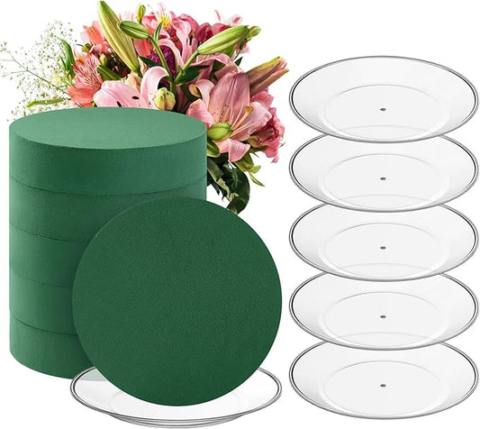 Threlaco 6 Sets Round Floral Foam and Clear Plastic Saucer Plant Drip Tray Floral Flower Dish Green Foam for Artificial Flowers Wedding Home Party Decoration (7.5 Inches)