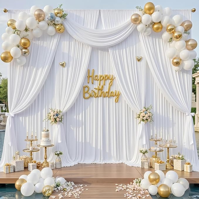 40x14ft White Backdrop Curtains for Wedding Party, 8 Panels 14 ft Long Back Drop Cloth, Wrinkle-Free Polyester Drapes for Birthday, Baby Shower, Stage Photography Background
