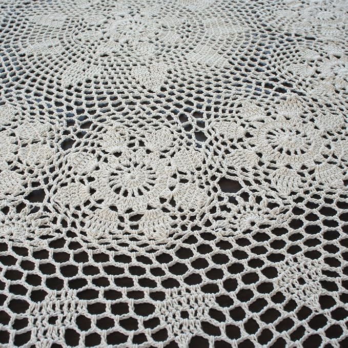 USTIDE 60" Round White Cotton Lace Tablecloth for Dining Table