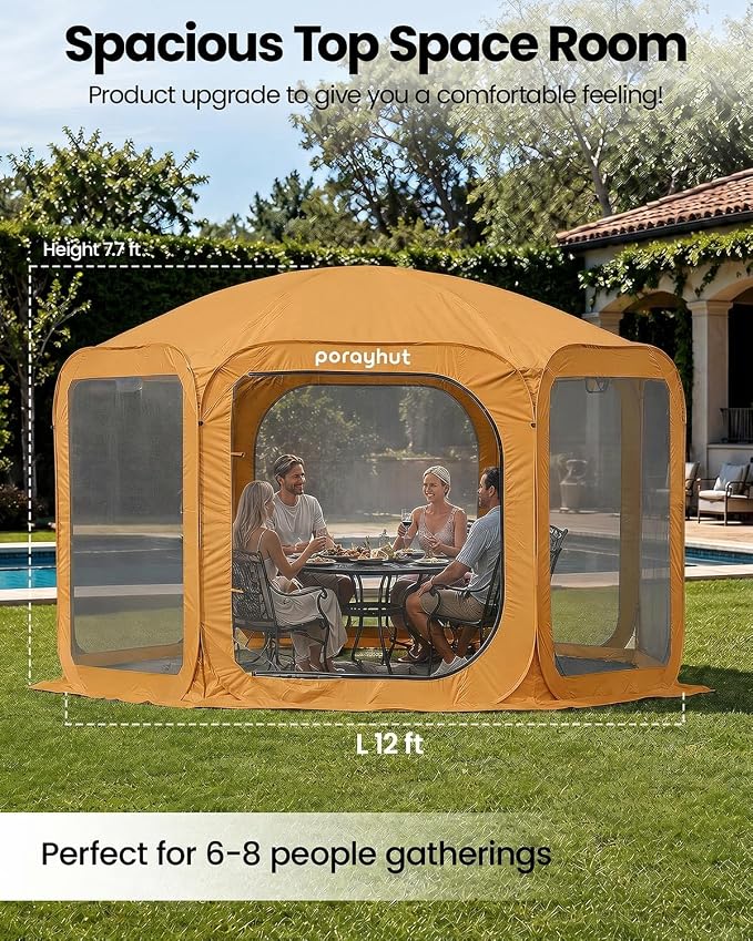 Porayhut Pop up Screen House Tent 12x12FT Sun Shelter with Breathable Mesh Doors,Portable Camping Tent Without Waterproof Floor,Screen Canopy Outdoor for Family Friends Party in Backyard,Park