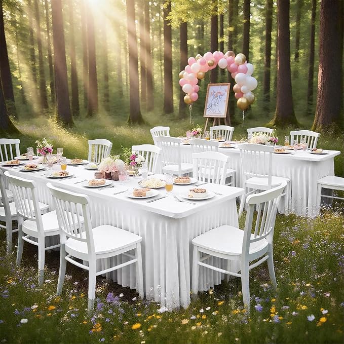 2 Packs White Stretch Table Skirts for 6 Foot Rectangle Table, Washable Spandex Stretch Tablecloths with Skirt, Wrinkle Resistant Fitted Tablecover for Wedding Party Banquet