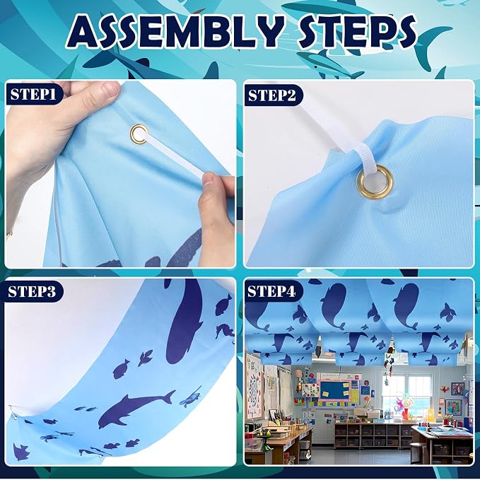 VioraWhite 6 Pcs Under the Ocean Ceiling Decorations Shark Themed Birthday Party Decorations 24 Inch x 12 ft Whale Shark Banners Marine Sea Animal Ceiling Covers for Baby Shower Daycare Classroom