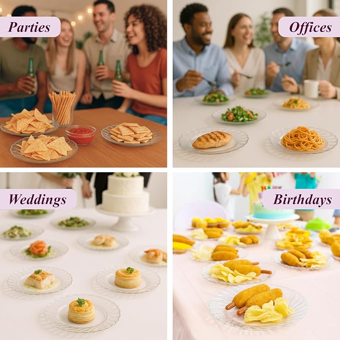 Aya's Cutlery Kingdom 50 Pack Clear Plastic Plates 9 Inch - Heavy Duty, Round, Disposable Plates for Parties, Weddings, and Events - Elegant Party Plate for Serving Appetizers, Salads, and Desserts