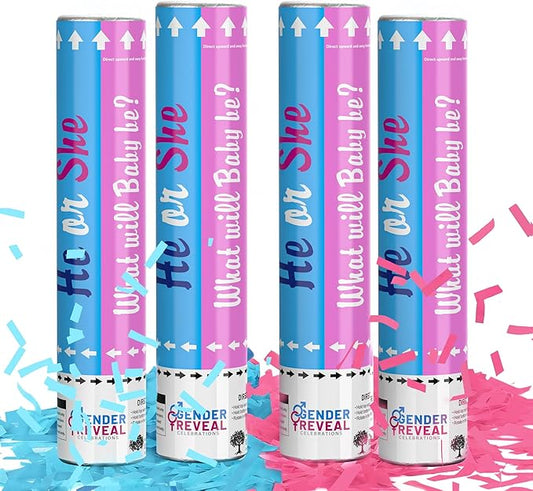 POPUPARTY 4 Pack Gender Reveal Confetti Cannon | 2 Pink & 2 Blue - Biodegradable Confetti Party Supplies Poppers, Ideal for Baby Boy or Girl Gender Reveal Decoration