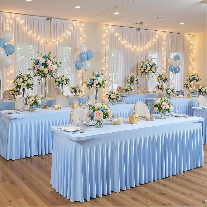 2 Pack Baby Blue Spandex Tablecloths for Rectangle Tables 8 Foot Blue Stretch Table Cloth Rectangle 8ft Elastic Fitted Table Cover with Skirt for Wedding Baby Shower Boy Birthday Party Banquet Buffet