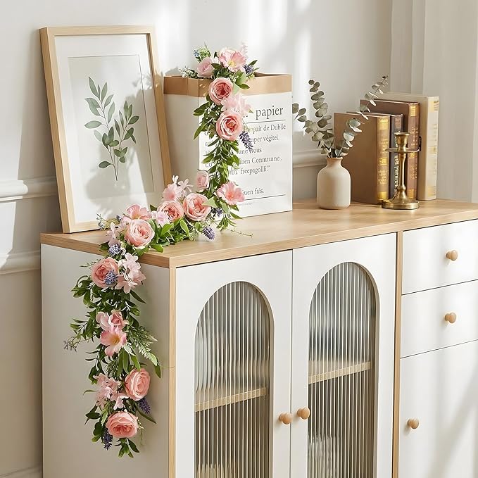 Giegxin 1 Pack 6 ft Artificial Flower Garland with Rose and Daisy Flower Pink Fake Wisteria Vines Summer Greenery Eucalyptus Garland for Wedding Mantle Porch Stair Table Indoor Decor