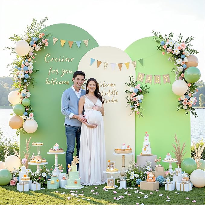 Set of 3 Arch Backdrop Covers(6ft, 5ft, 4ft) - Premium Stretchy Spandex Backdrop Arch Stand Cover for Baby Shower,Wedding,Party Decor Chiara Cover with Double-Sided Design(Cream Green)