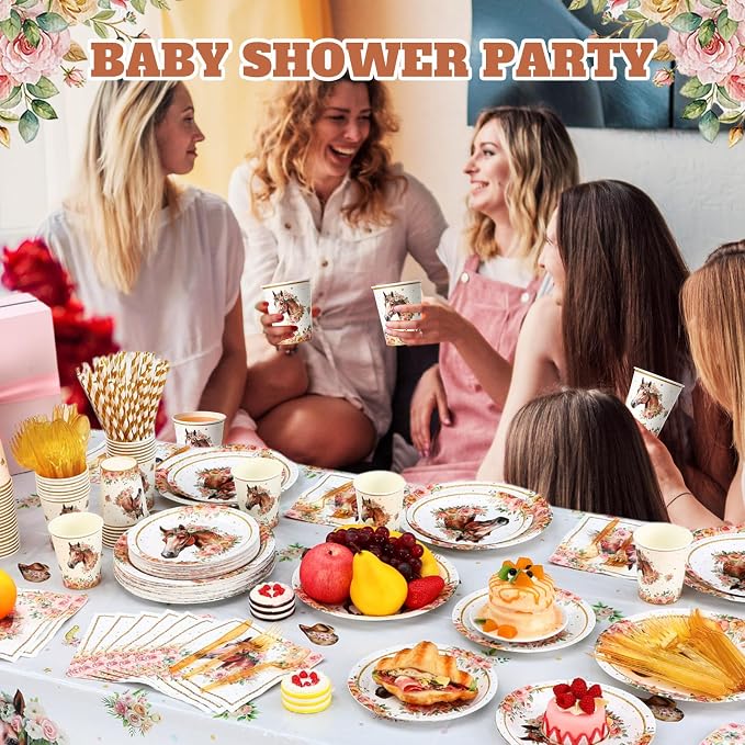 Potchen 452 Pcs Party Supplies Serve 50 Guests, Paper Plates Napkins Cups Cutlery Plastic Tablecloth Dinnerware for Birthday Wedding Party Decoration (Pink Floral, Horse)