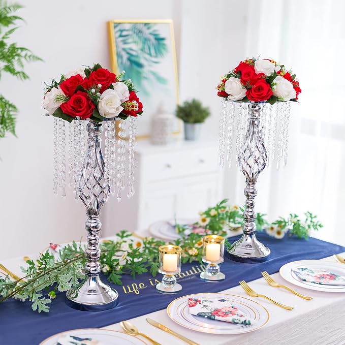 Sliver Vases Centerpieces for Table: 19.3" Tall Flower Stand with Crystal Patent for Wedding Center Piece Party Event Set of 2