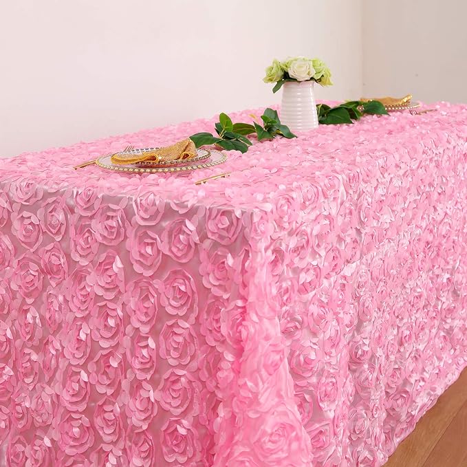 Fanqisi Baby Shower Tablecloth 50x102 Inches Pink Tablecloth Rectangle Satin Overlay Rosette Tablecloth 3D Floral for Wedding Party Event