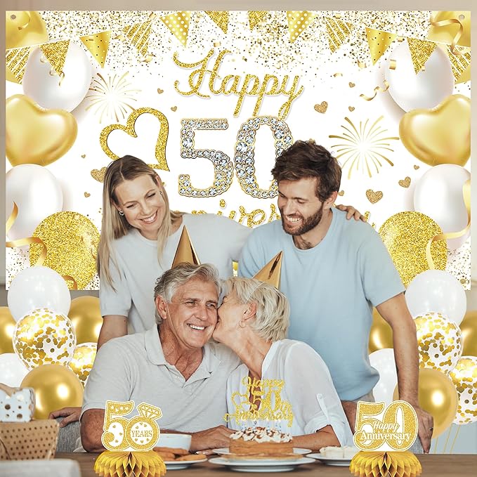 Vlipoeasn 50th Anniversary Decorations for Couple, White Gold Cheers to 50 Years Wedding Party Supplies, 50th Anniversary Backdrop Glitter Gold Banner, Cake Topper, Honeycomb, Hanging Swirl for Party