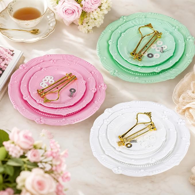 Fasmov 3 Pack 3 Tier Plastic Cupcake Stand, Dessert Plates Cake Fruit Candy Display Tower Reusable Pastry Platter for Wedding Birthday Baby Shower Tea Party Decorations - White Pink Green