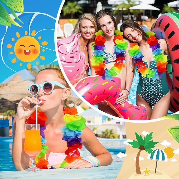 Sherr 48 Pcs LED Hawaiian Leis Light up Flower Leis Necklace with LED Lights Luau Flowers Necklaces for Masquerade Beach Wedding Tropical Themed Party Supplies(Colourful)