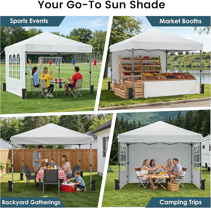 Raynesys Pop Up Canopy Tent with Sidewalls, 10x10ft 10 Person Party Tent One Push Setup, Portable Gazebo Outdoor Sun Shade for Events, Parties, Camping, Commercial, Silver Coated Top, White