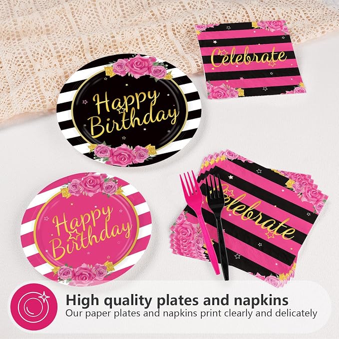 96Pcs Black and Pink Birthday Party Supplies Happy Birthday Plates and Napkins Hot Pink Rose Black White Stripe Tableware Set for Girls Women Couple Birthdays Party Supplies Serves 24