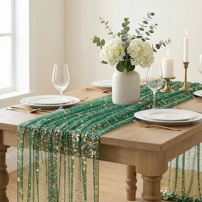 Artoid Mode Green Gold Gauze Table Runner 59x120 Inch 10FT, Glitter Metallic Foil Sheer Dining Wedding Anniversary Holiday Table Decor for Home Party